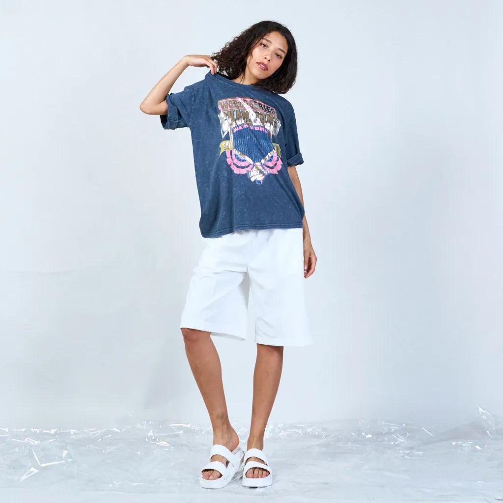 Basic washed black vintage championship graphic t-shirt wholesale