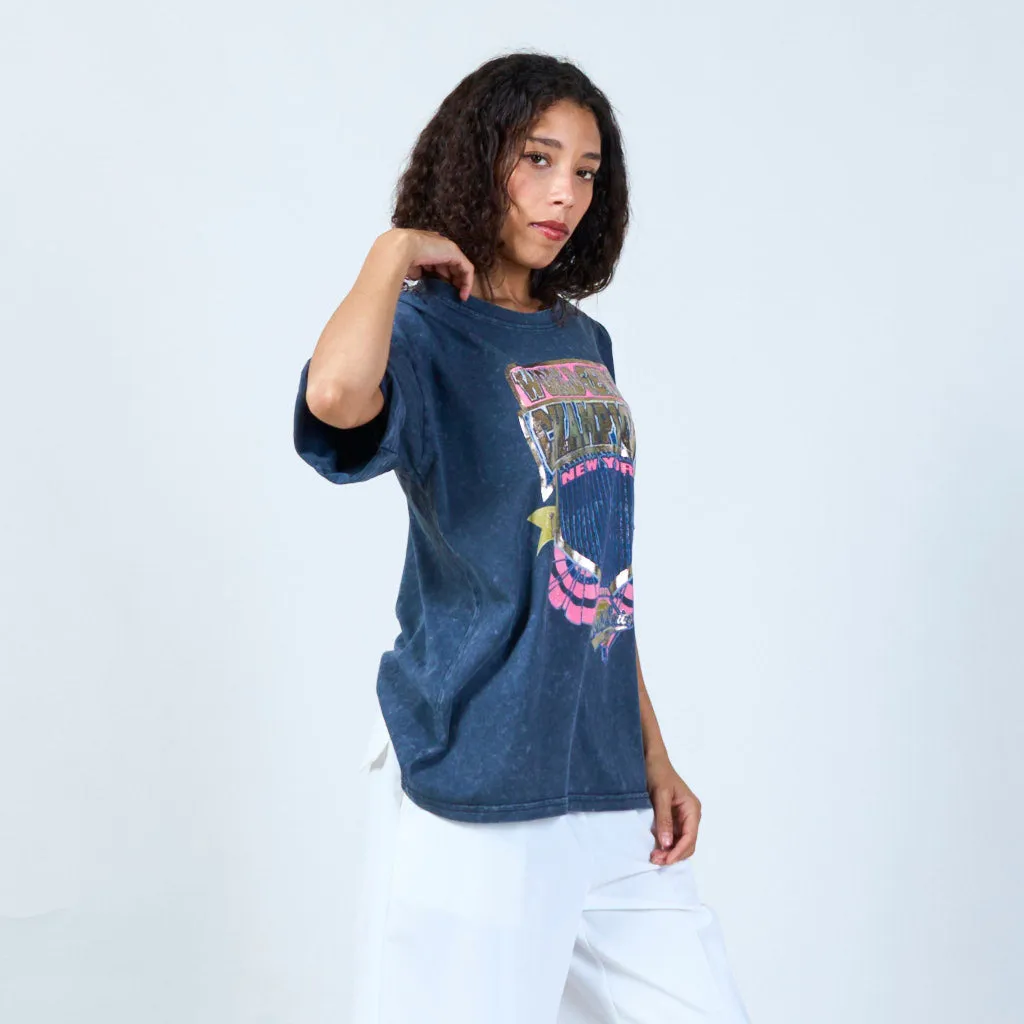 Basic washed black vintage championship graphic t-shirt wholesale