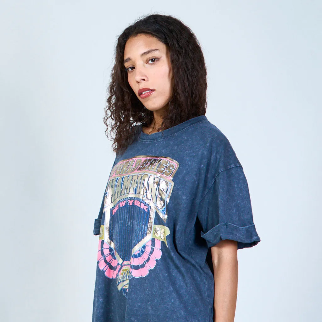 Basic washed black vintage championship graphic t-shirt wholesale