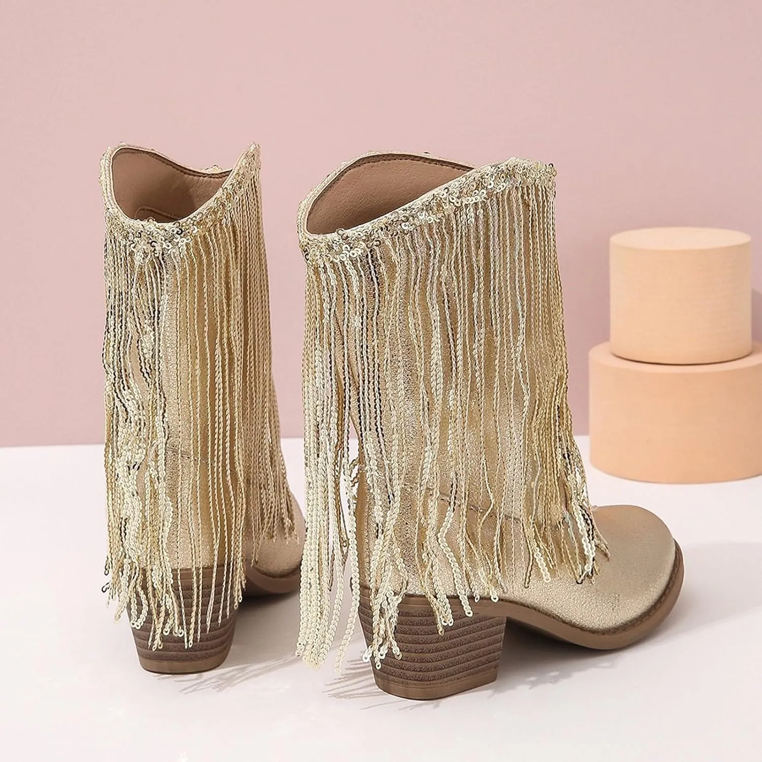 Big Kids Fringe Metallic Cowboy Boots Girls Pointed Toe Chunky Hell Mid Calf Boots Winter Low Heels Princess Boots