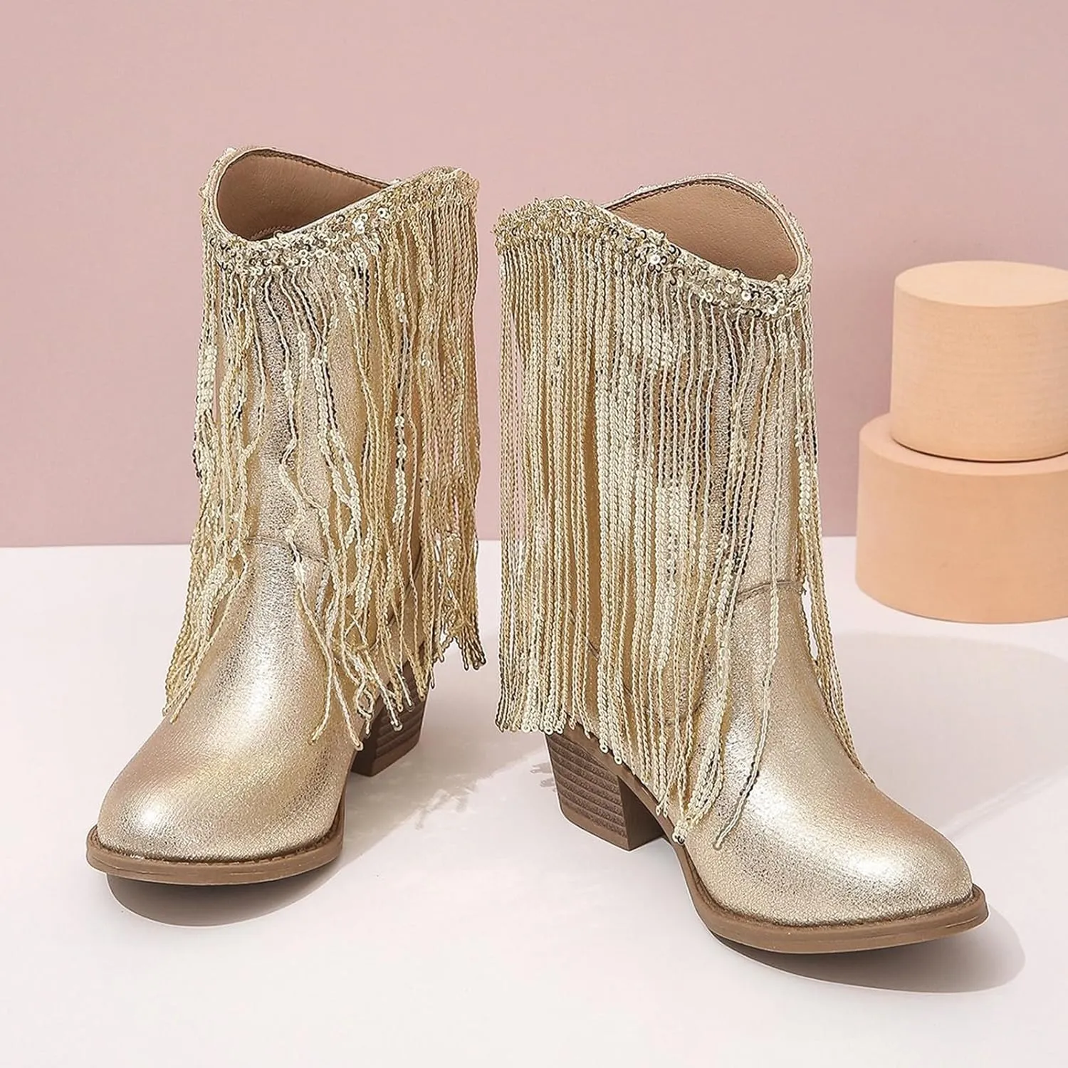 Big Kids Fringe Metallic Cowboy Boots Girls Pointed Toe Chunky Hell Mid Calf Boots Winter Low Heels Princess Boots