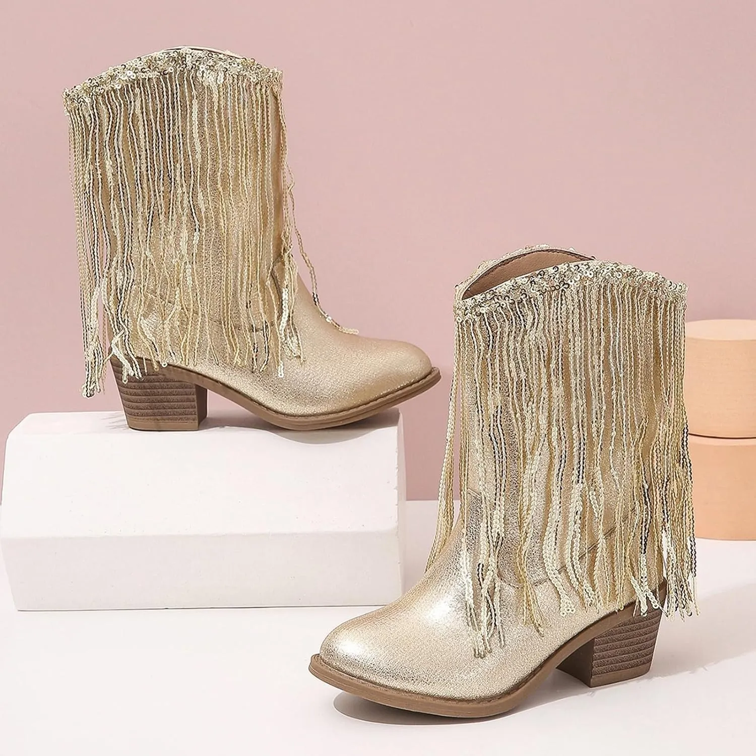 Big Kids Fringe Metallic Cowboy Boots Girls Pointed Toe Chunky Hell Mid Calf Boots Winter Low Heels Princess Boots
