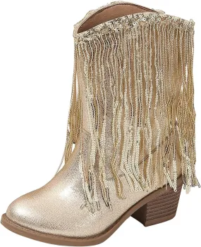Big Kids Fringe Metallic Cowboy Boots Girls Pointed Toe Chunky Hell Mid Calf Boots Winter Low Heels Princess Boots