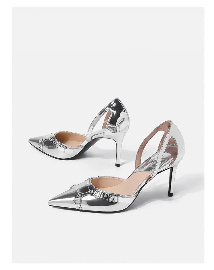 Black pointed rivet high heels
