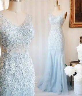 Blue v neck lace tulle long prom dress, blue lace evening dress for teens