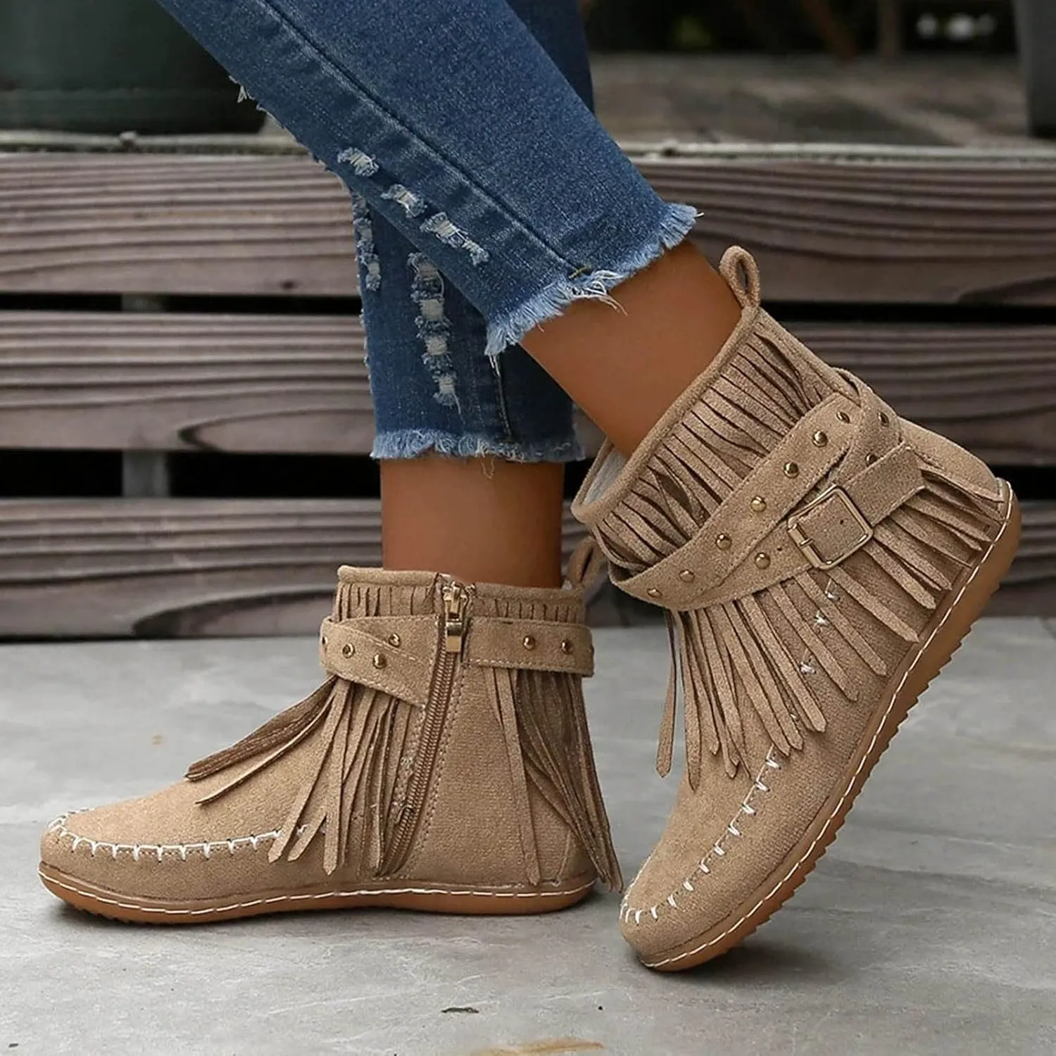 Boho Boots for Women Round Toe Suede Fringe Ankle Boots Vintage Casual Tassel Slip On Flats Mid Calf Short Dress Booties with Side Zipper