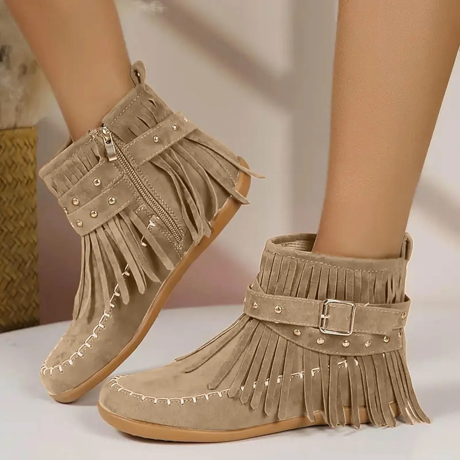 Boho Boots for Women Round Toe Suede Fringe Ankle Boots Vintage Casual Tassel Slip On Flats Mid Calf Short Dress Booties with Side Zipper