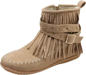 Boho Boots for Women Round Toe Suede Fringe Ankle Boots Vintage Casual Tassel Slip On Flats Mid Calf Short Dress Booties with Side Zipper