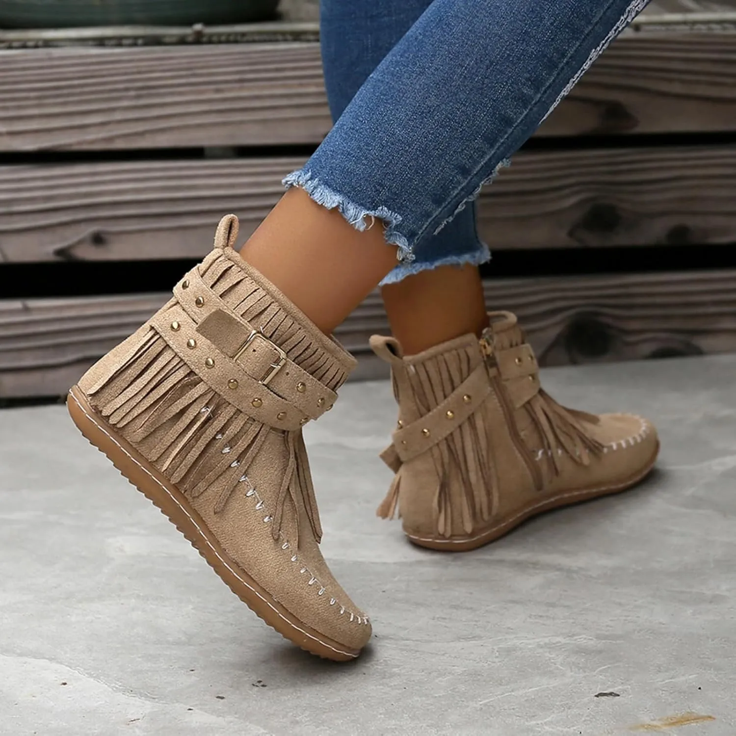 Boho Boots for Women Round Toe Suede Fringe Ankle Boots Vintage Casual Tassel Slip On Flats Mid Calf Short Dress Booties with Side Zipper