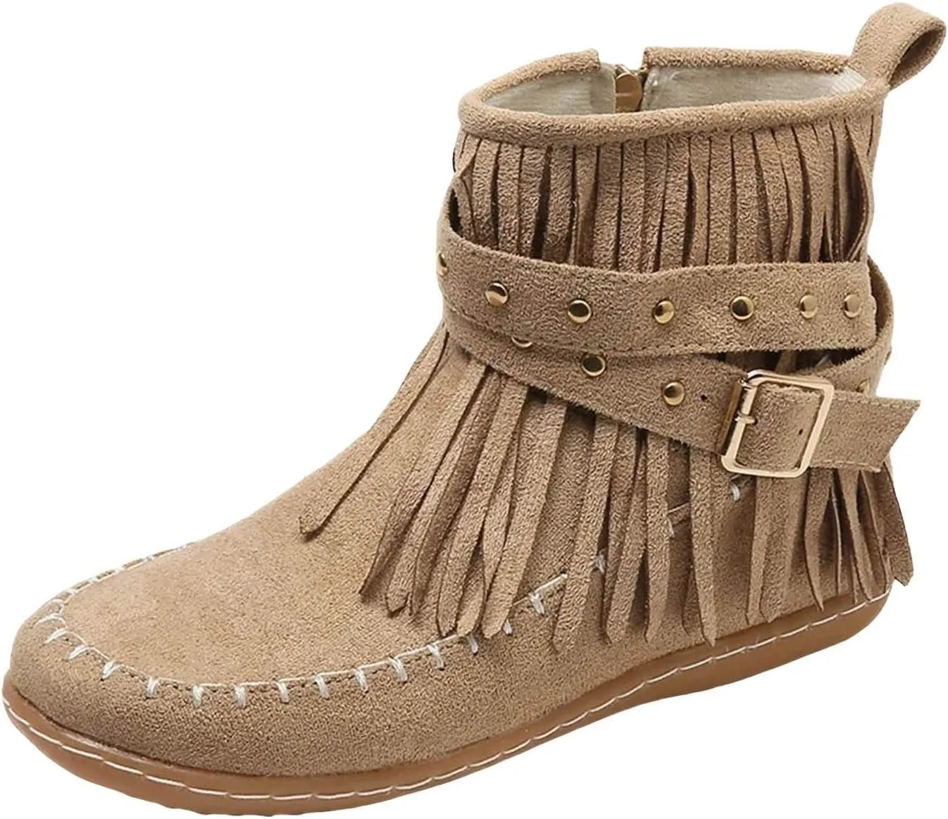Boho Boots for Women Round Toe Suede Fringe Ankle Boots Vintage Casual Tassel Slip On Flats Mid Calf Short Dress Booties with Side Zipper
