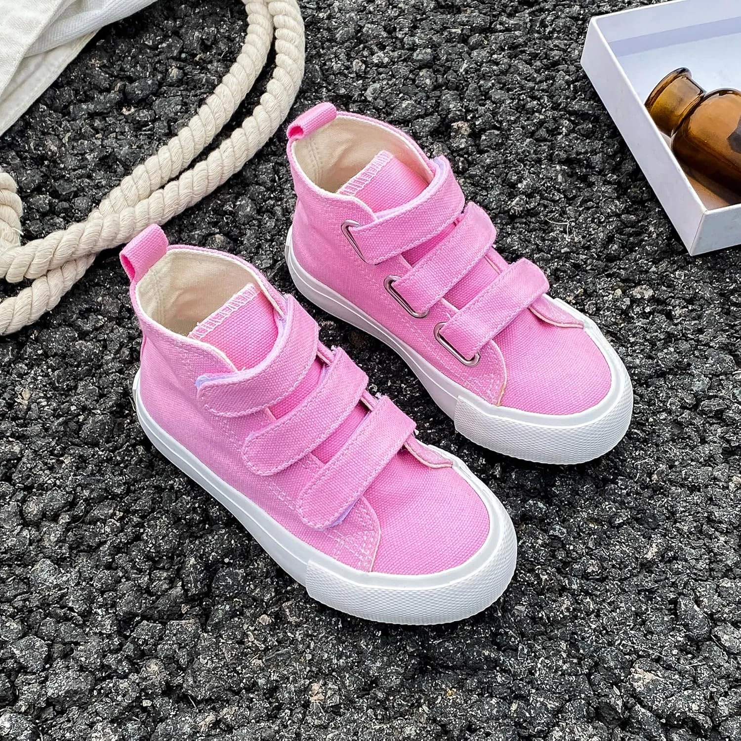 Boys and Girls High Top Children's Canvas Shoes Solid Color Sticky Button Casual Shoes Start School Season Little White Shoes Fashion Sneakers Shoes
