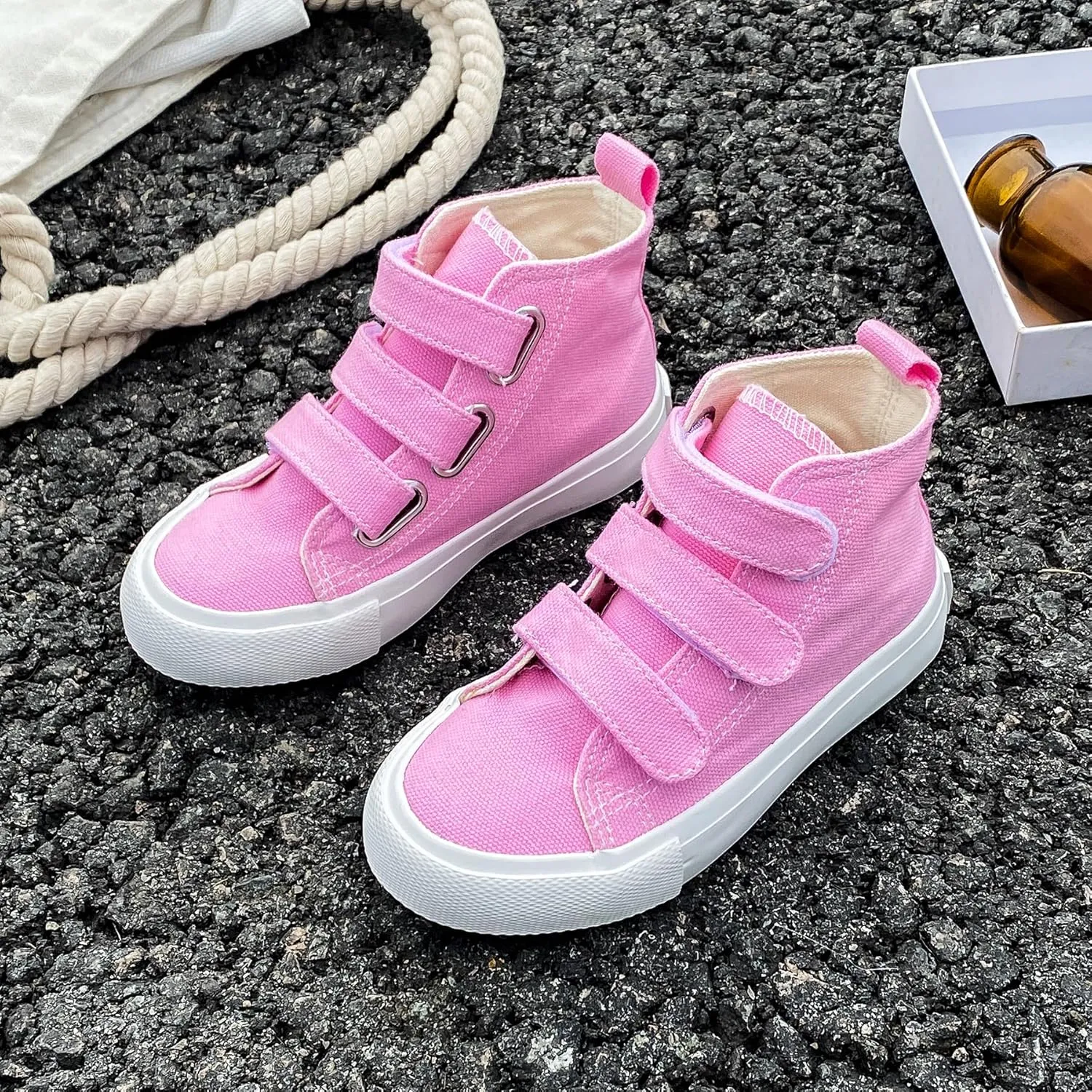 Boys and Girls High Top Children's Canvas Shoes Solid Color Sticky Button Casual Shoes Start School Season Little White Shoes Fashion Sneakers Shoes