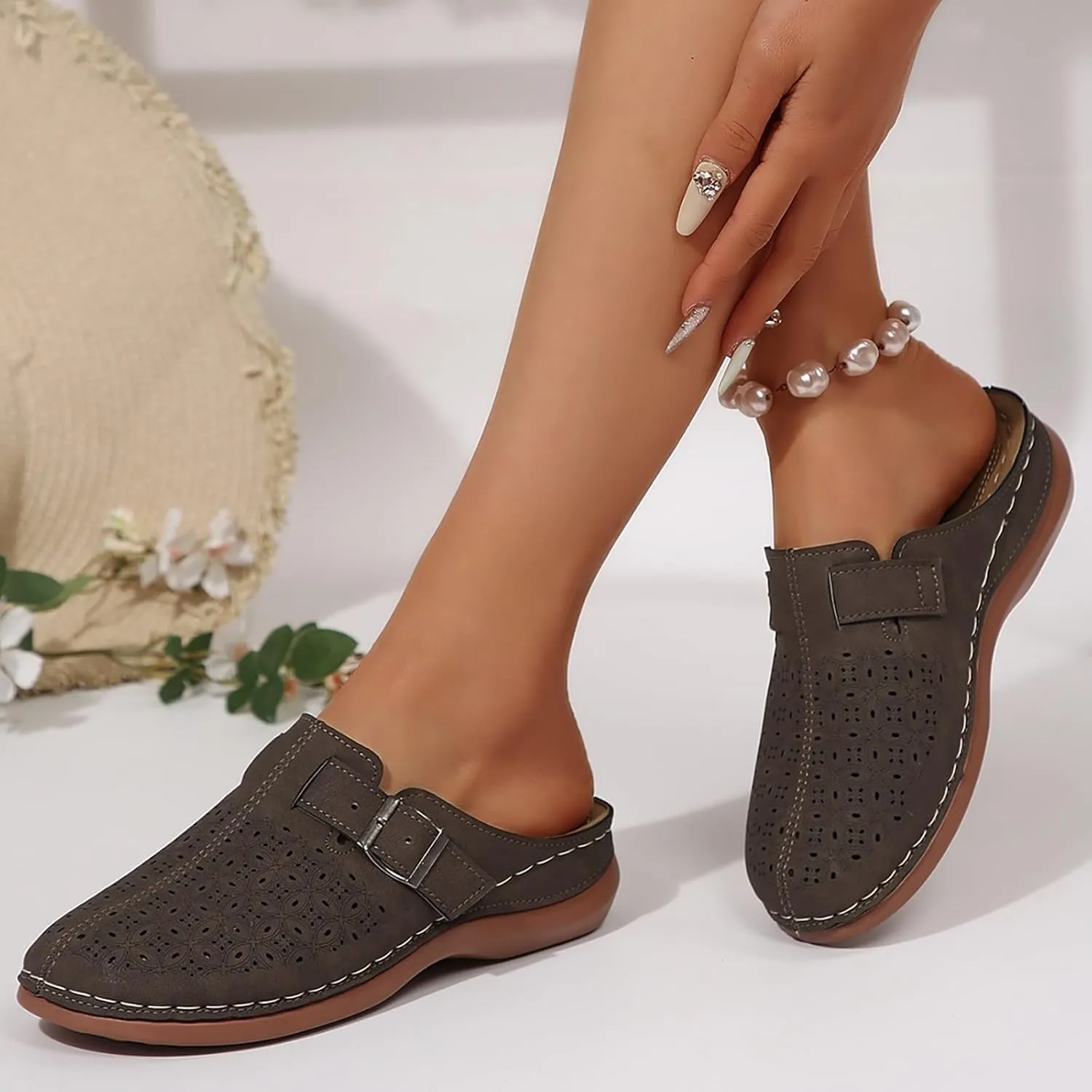 Clogs for Women Mules Shoes Arch Support Slip on Sandals Backless Low Wedge Shoes Adjustable Hook Loop Sandals Summer Walking Low Wedge Sandal Vacation Travel Shoe