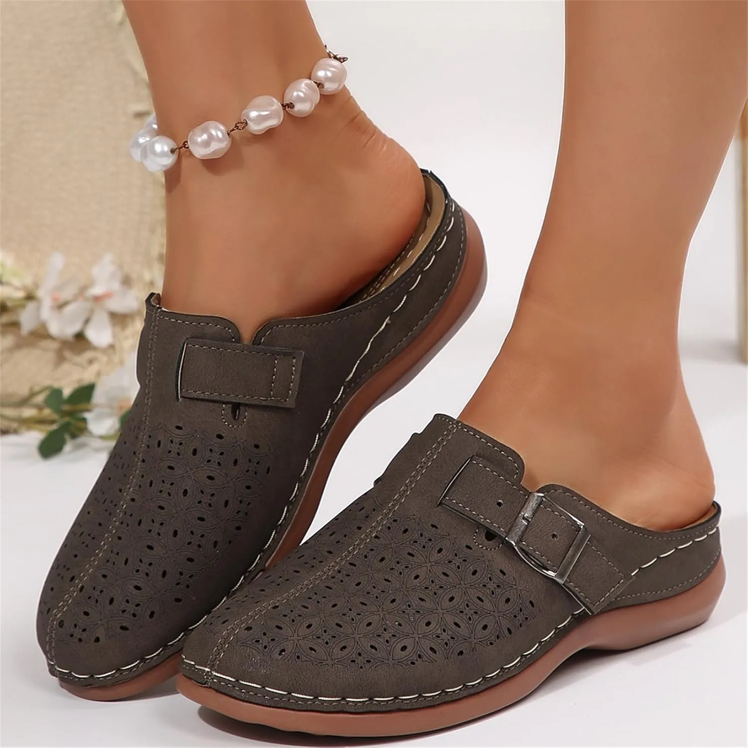 Clogs for Women Mules Shoes Arch Support Slip on Sandals Backless Low Wedge Shoes Adjustable Hook Loop Sandals Summer Walking Low Wedge Sandal Vacation Travel Shoe