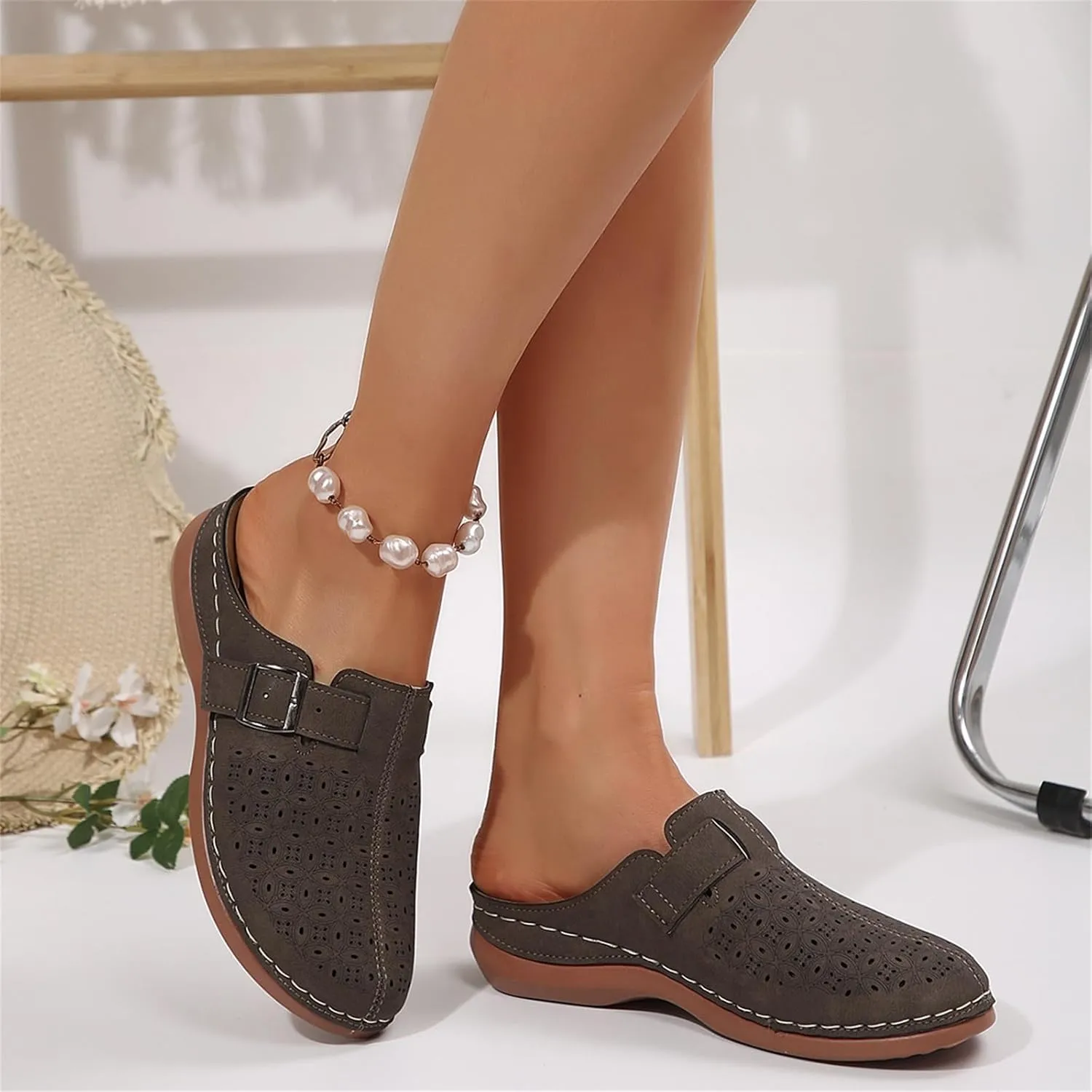 Clogs for Women Mules Shoes Arch Support Slip on Sandals Backless Low Wedge Shoes Adjustable Hook Loop Sandals Summer Walking Low Wedge Sandal Vacation Travel Shoe
