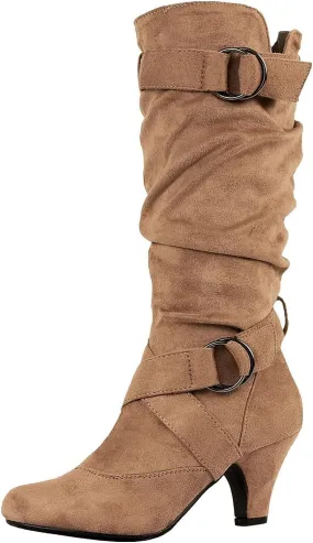 Ctreela Women's Slouchy Mid-Calf Boots Fashion Faux Suede Buckle Bootie Sexy Slip On Pointed Toe Chunky Heel Winter Boots