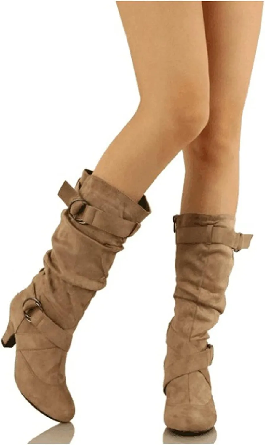 Ctreela Women's Slouchy Mid-Calf Boots Fashion Faux Suede Buckle Bootie Sexy Slip On Pointed Toe Chunky Heel Winter Boots