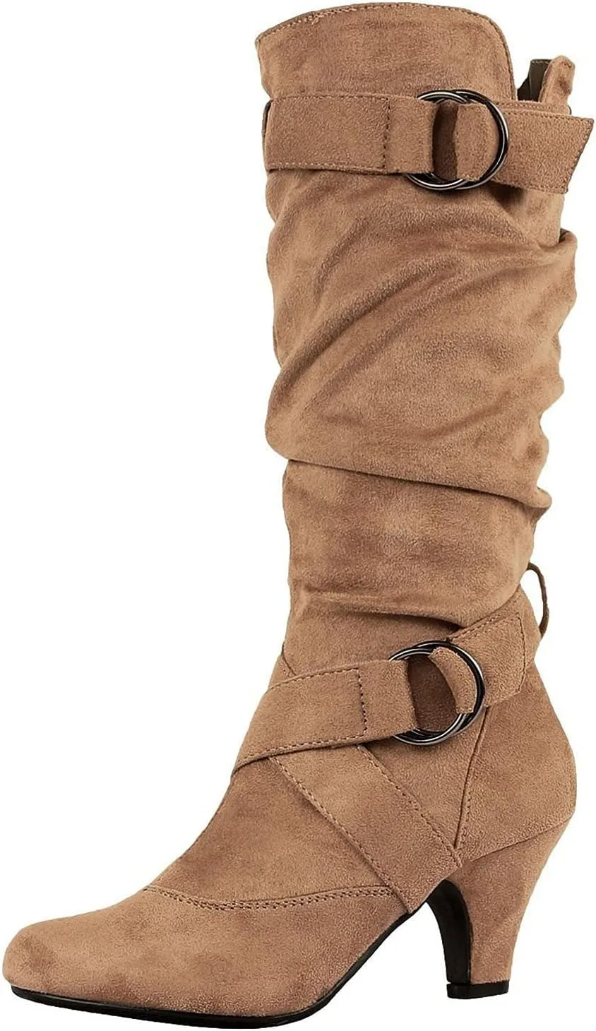 Ctreela Women's Slouchy Mid-Calf Boots Fashion Faux Suede Buckle Bootie Sexy Slip On Pointed Toe Chunky Heel Winter Boots