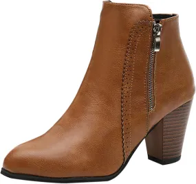 Ctreela Womens Vintage Stacked Heeled Western Boot Ladies Winter Wild Zipper Booties Fashion Office Party Pointed Toe Boots