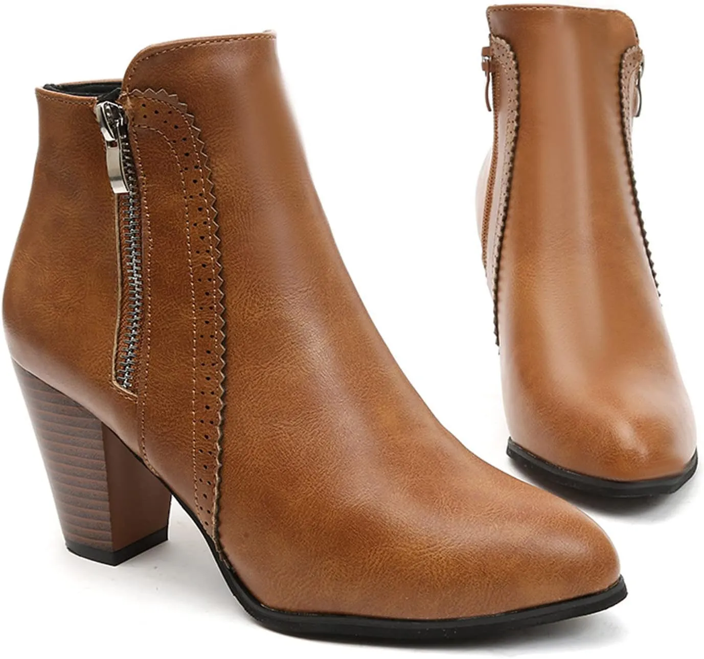 Ctreela Womens Vintage Stacked Heeled Western Boot Ladies Winter Wild Zipper Booties Fashion Office Party Pointed Toe Boots