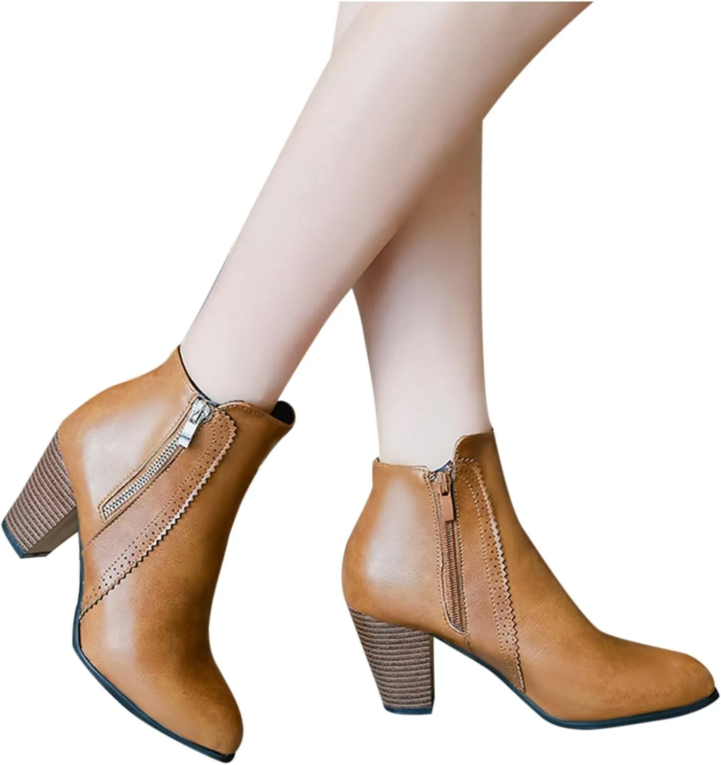 Ctreela Womens Vintage Stacked Heeled Western Boot Ladies Winter Wild Zipper Booties Fashion Office Party Pointed Toe Boots