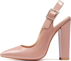 Eldof Women's Slingback Pointed Toe Pumps Ankle Strap Chunky High Heels 4.7" High Block Heel Pumps Dress Shoes