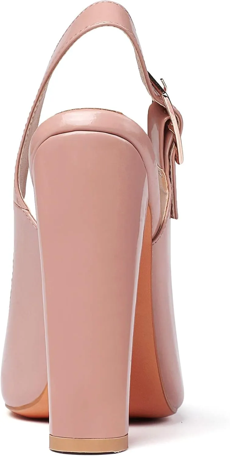 Eldof Women's Slingback Pointed Toe Pumps Ankle Strap Chunky High Heels 4.7" High Block Heel Pumps Dress Shoes