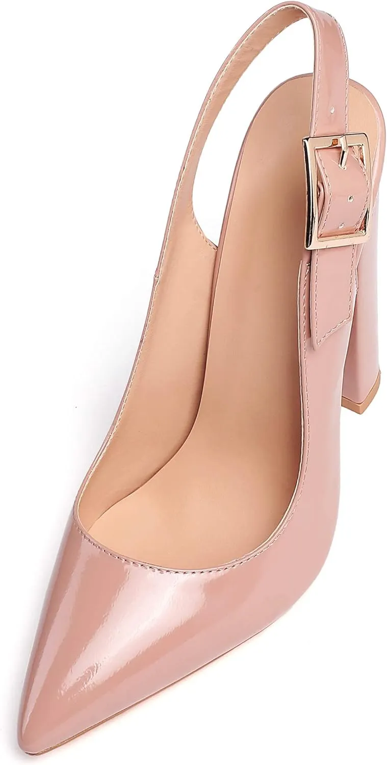 Eldof Women's Slingback Pointed Toe Pumps Ankle Strap Chunky High Heels 4.7" High Block Heel Pumps Dress Shoes