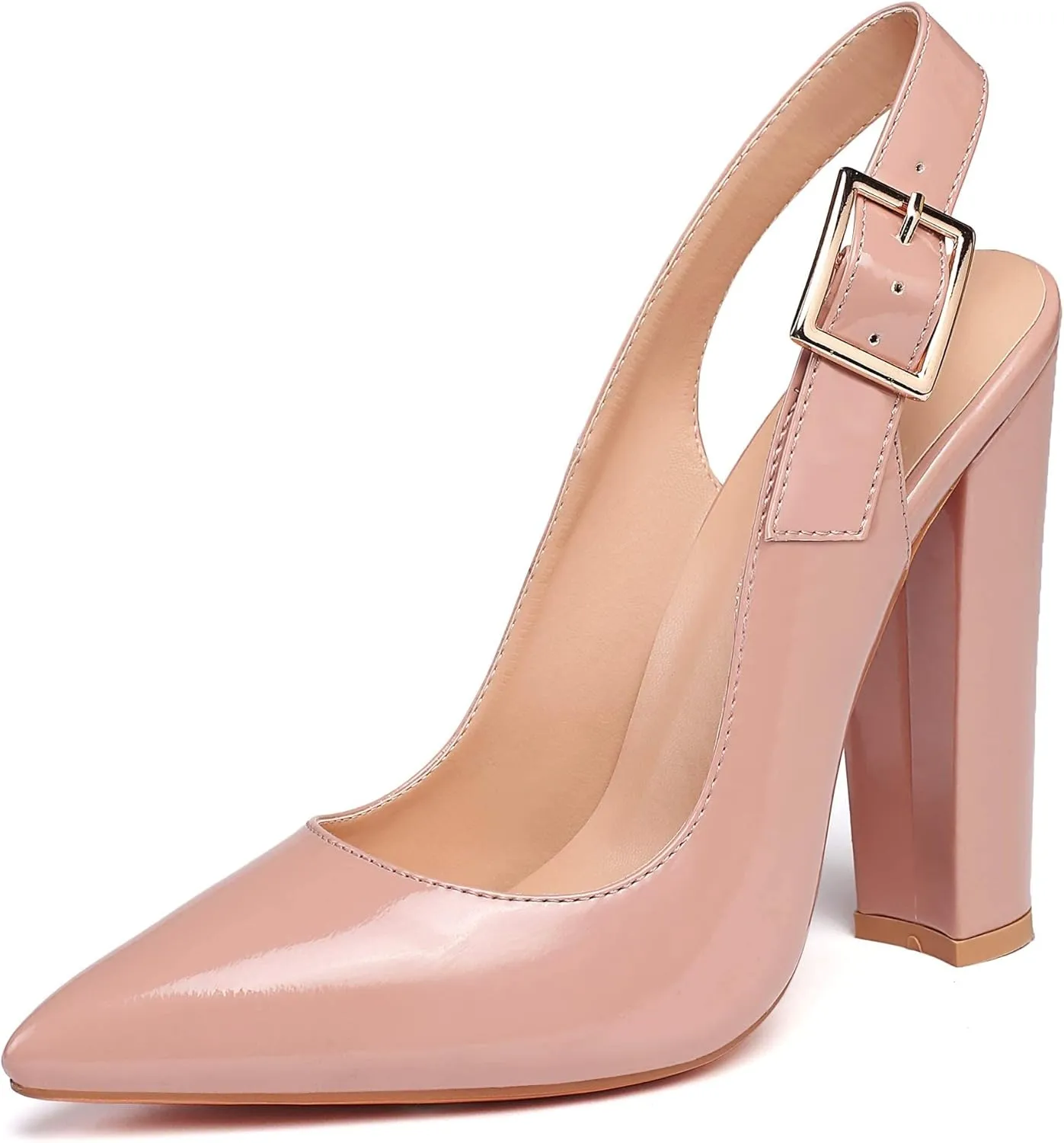 Eldof Women's Slingback Pointed Toe Pumps Ankle Strap Chunky High Heels 4.7" High Block Heel Pumps Dress Shoes