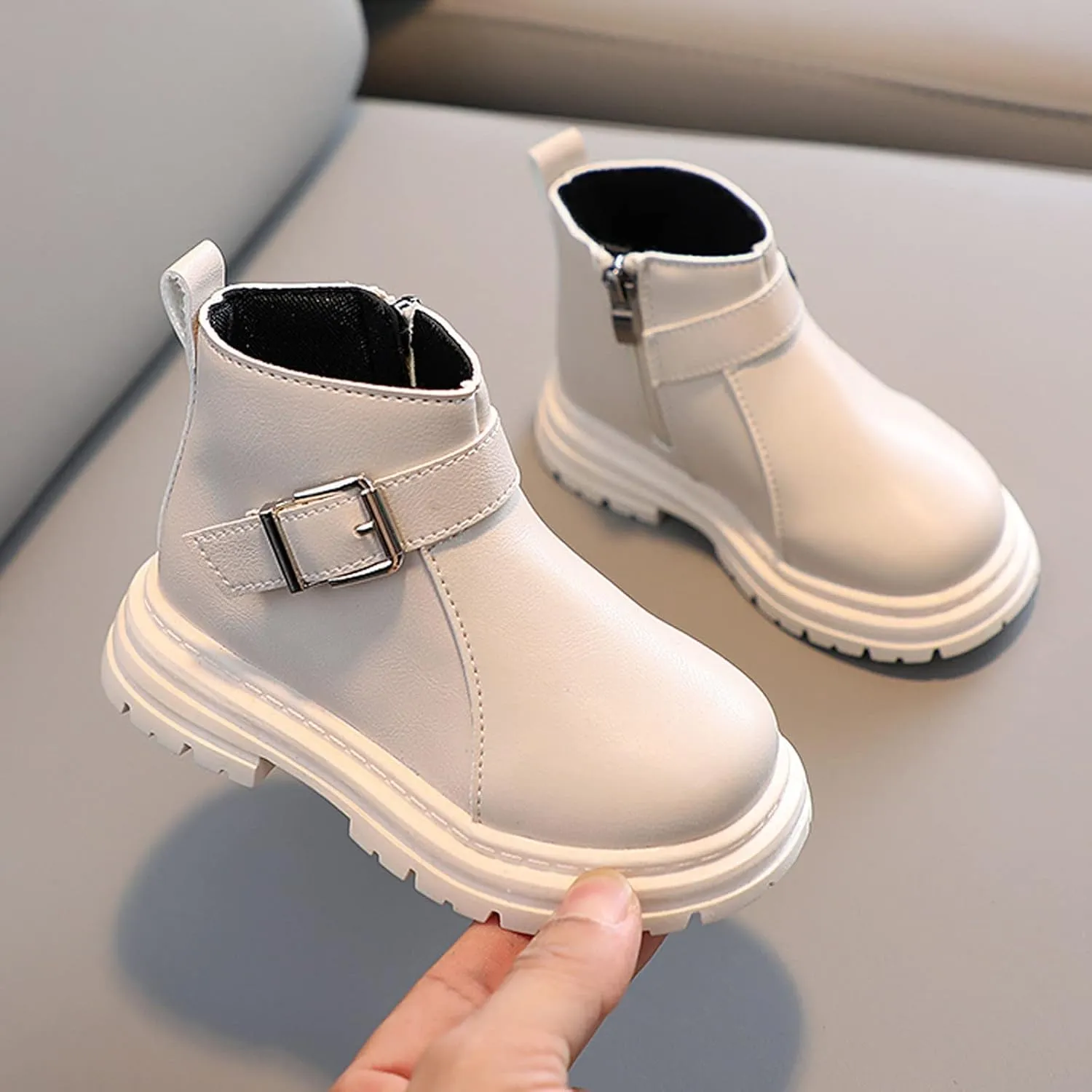Girls Ankle Boots Side Zipper Chunky Bottom Platform Boots with Buckle Low Heel Slip On Casual Booties