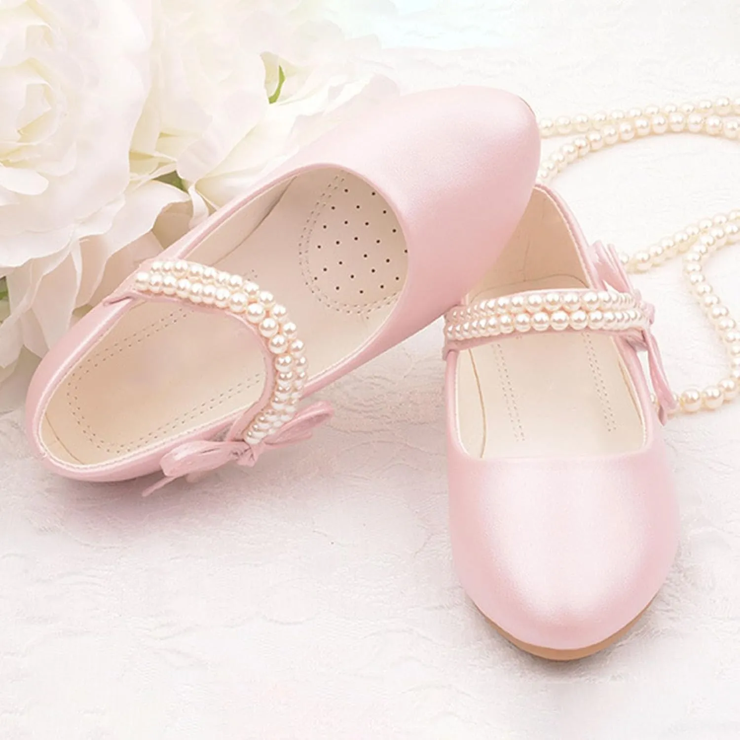 Girls Dress Shoes Toddler Flower Girl Dress Shoes Little Girl Ballet Flats Pearl Strap for Toddler Dress up Shoes
