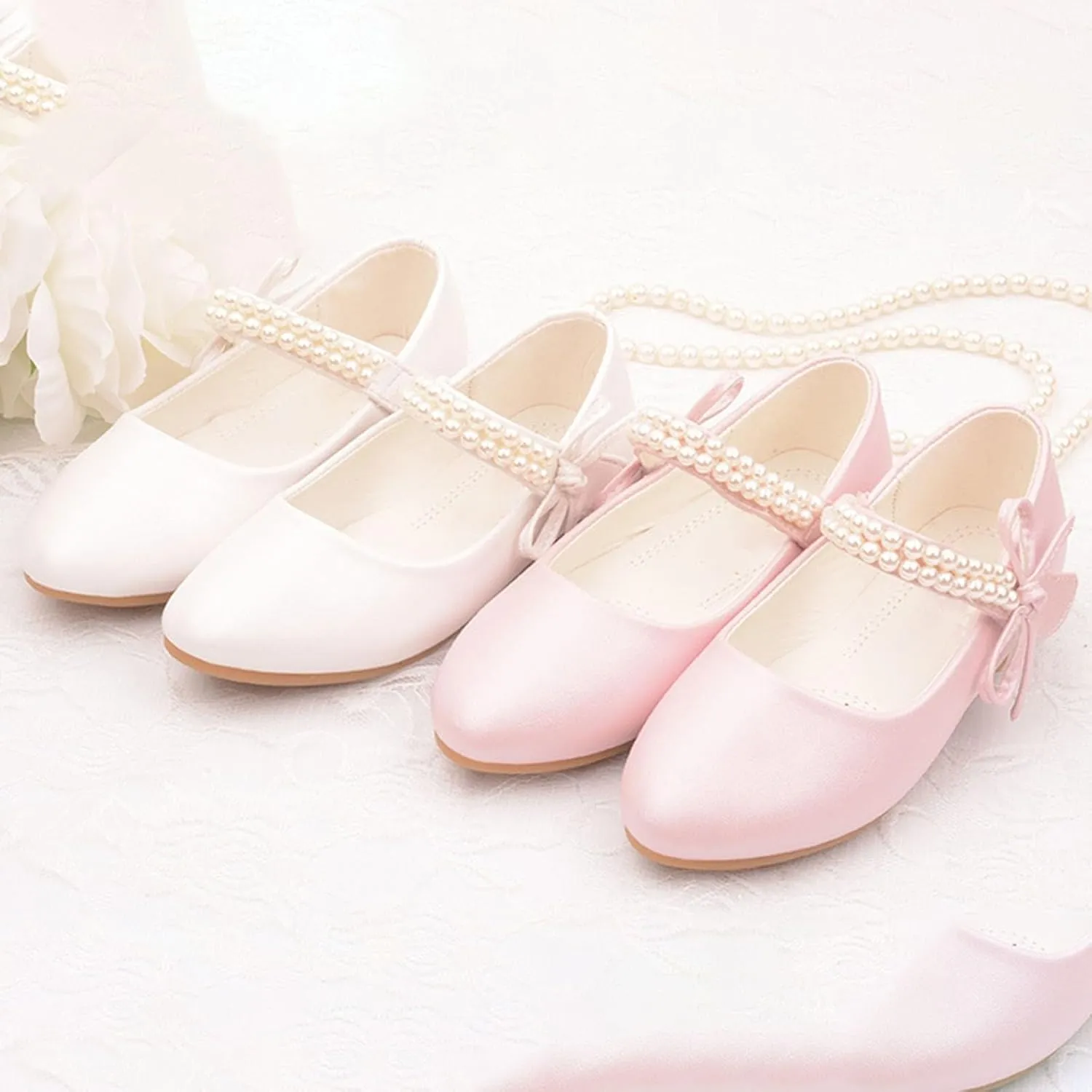 Girls Dress Shoes Toddler Flower Girl Dress Shoes Little Girl Ballet Flats Pearl Strap for Toddler Dress up Shoes