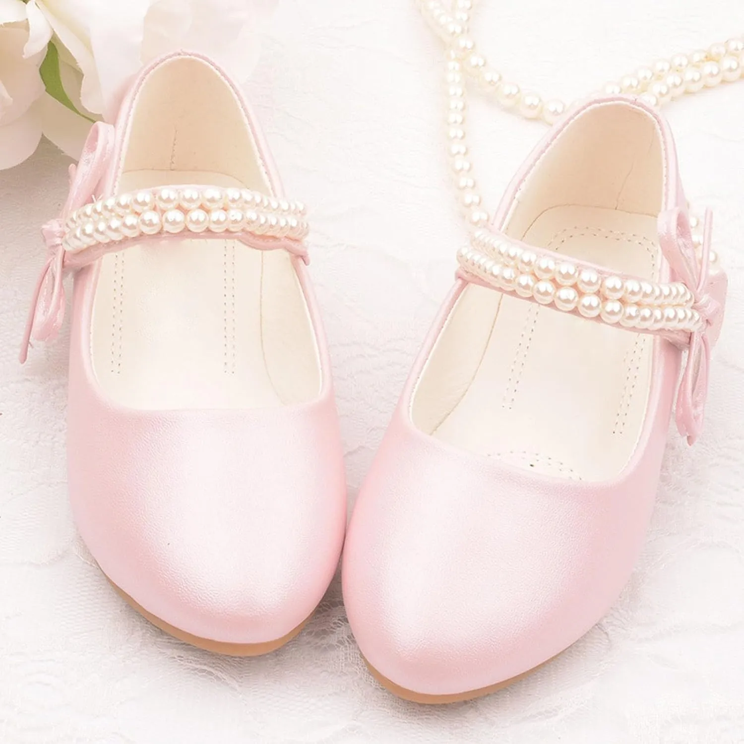 Girls Dress Shoes Toddler Flower Girl Dress Shoes Little Girl Ballet Flats Pearl Strap for Toddler Dress up Shoes