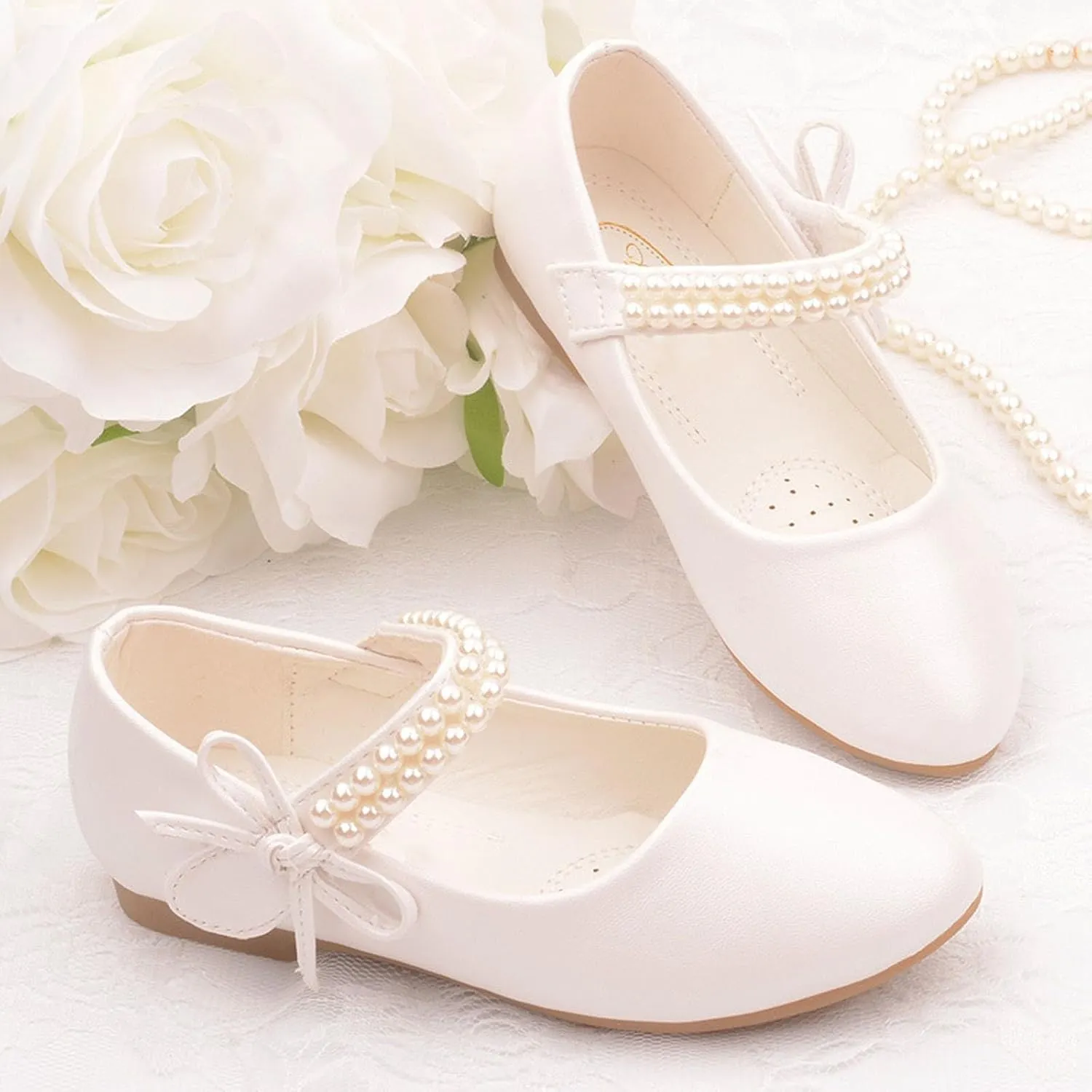 Girls Dress Shoes Toddler Flower Girl Dress Shoes Little Girl Ballet Flats Pearl Strap for Toddler Dress up Shoes
