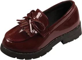 Girls Slip On Leather Loafer Tassel Bow Flats School Dress Shoes for Girls No Choirboy (Wine, 23)