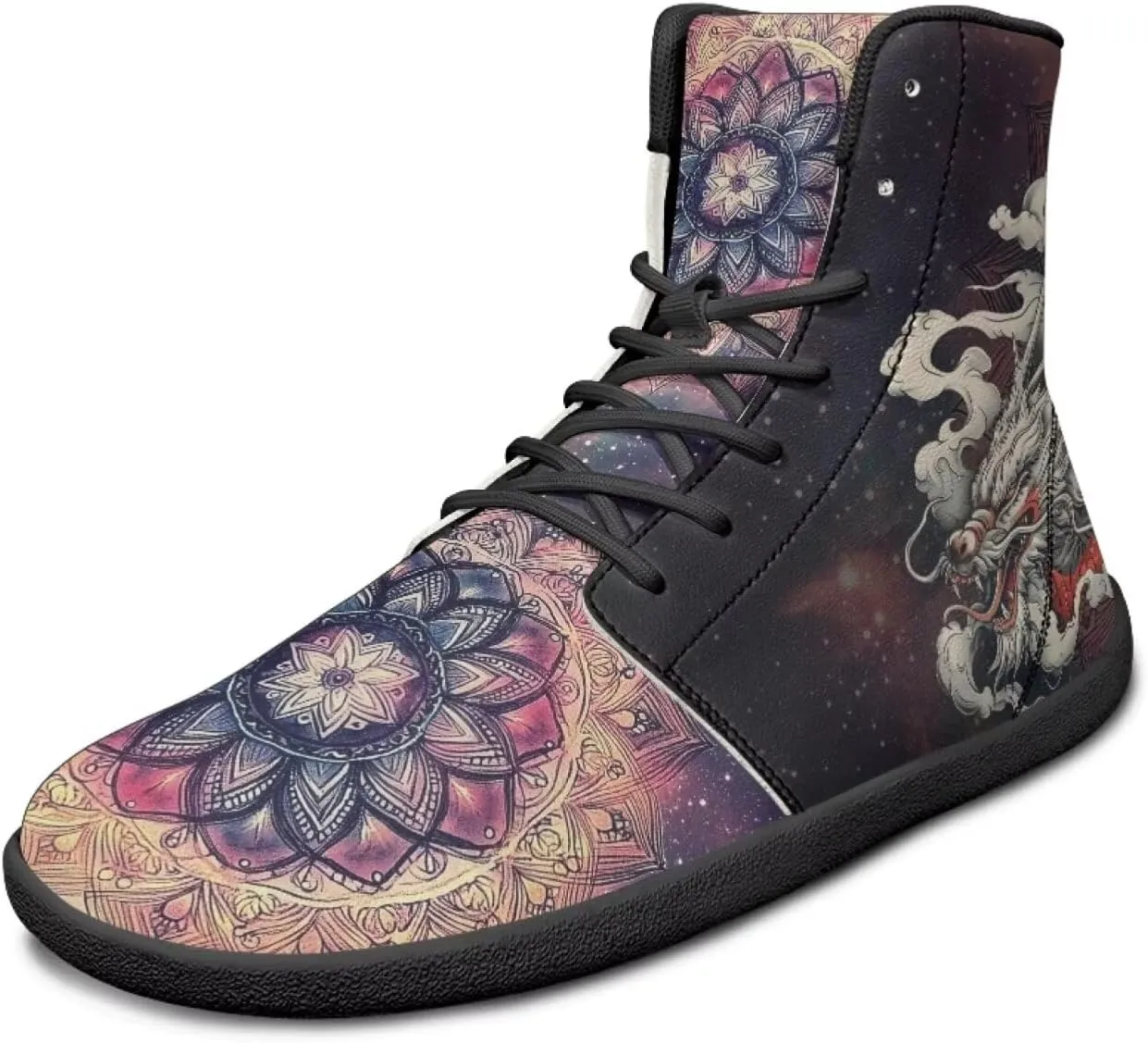 JoyLamoria Bling Bling Butterfly Print High Top Sneakers Lace up Leather Shoes Fashion High Top Flats Barefoot Wide Shoes Y2K for Girls