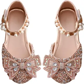 Kid Girls Mary Jane Ballerina Shoes with Pearl Ballet Sequined Shoes Wedding Dress Slip on Shoes for Toddler Girl