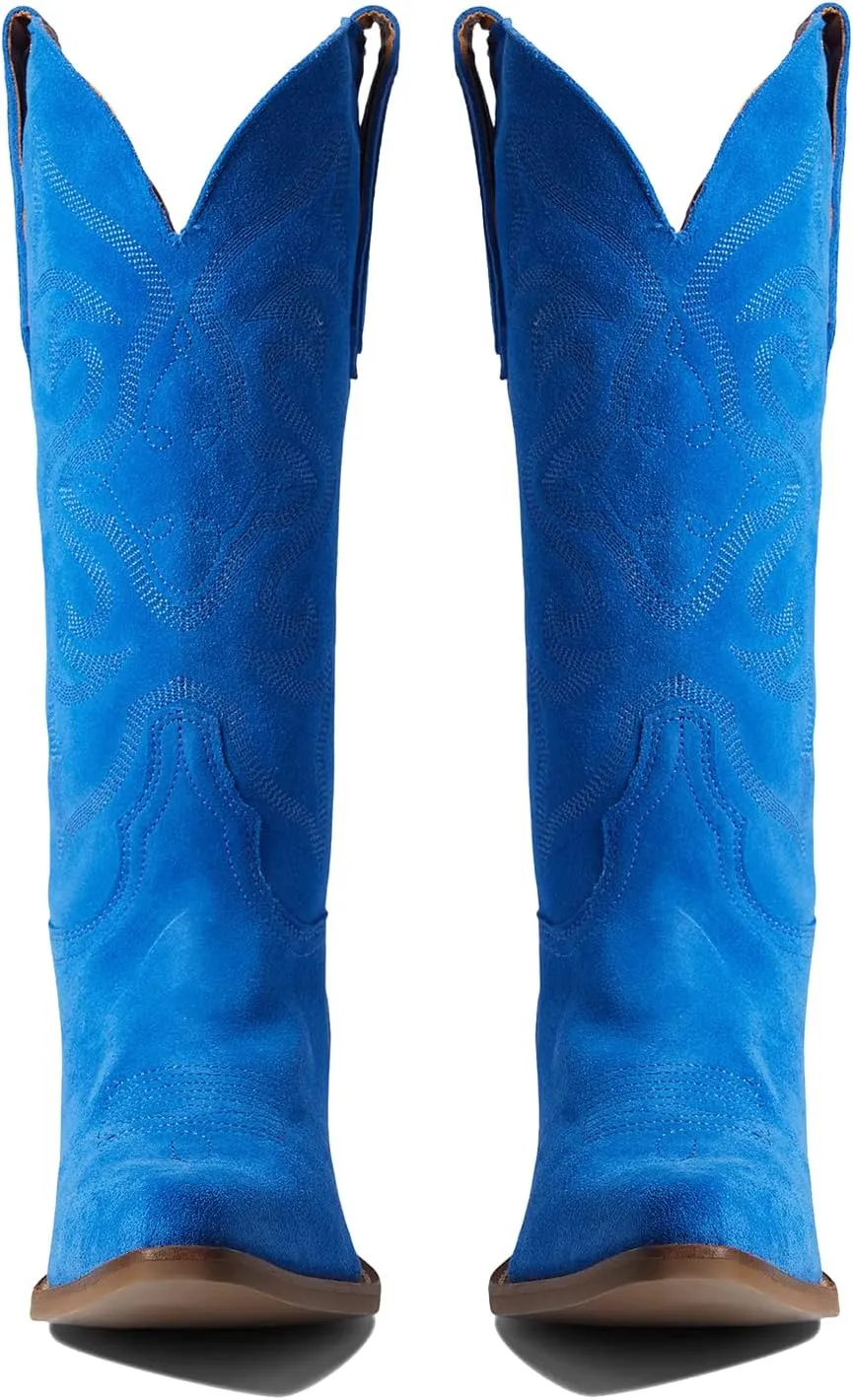 LEHOOR Cowboy Boots Women Embroidered Mid Calf Western Boots Stacked Low Heel Pointed Toe Pull On Cowgirl Boot 4-11 M US