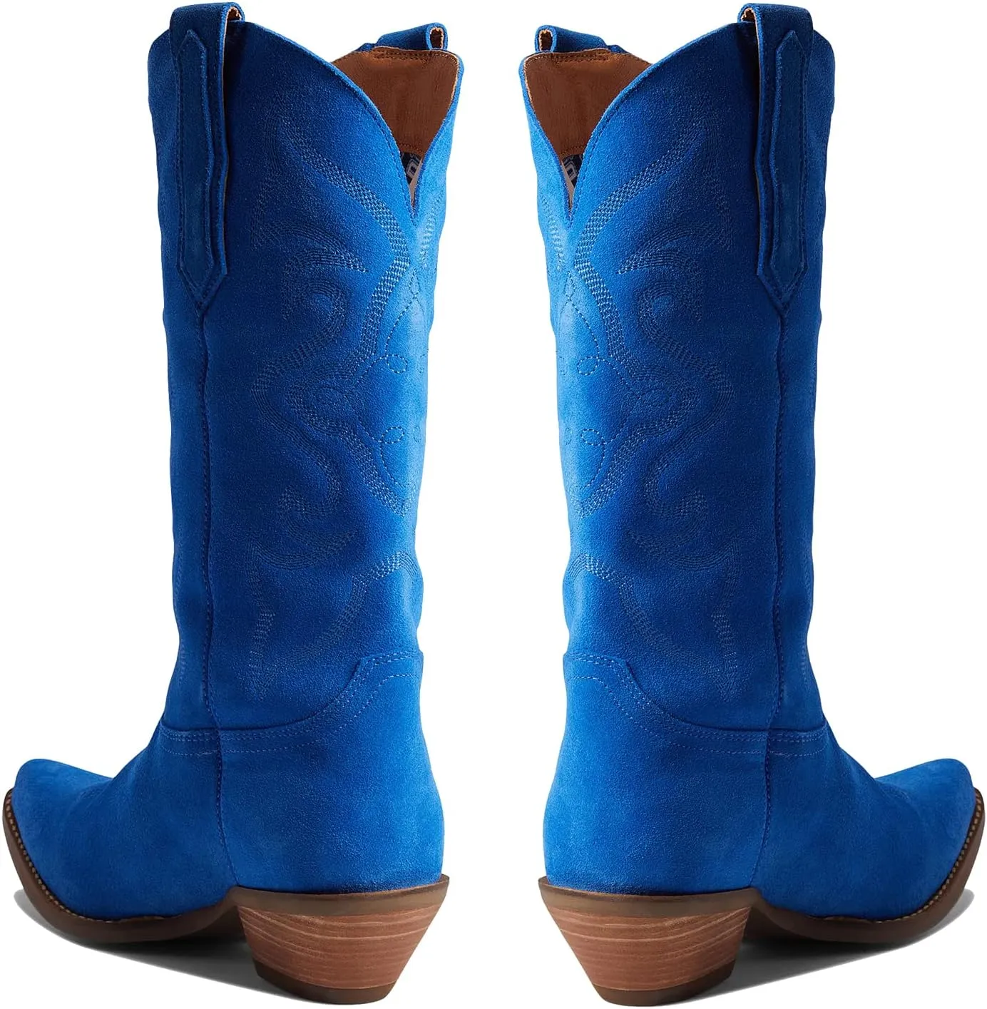 LEHOOR Cowboy Boots Women Embroidered Mid Calf Western Boots Stacked Low Heel Pointed Toe Pull On Cowgirl Boot 4-11 M US