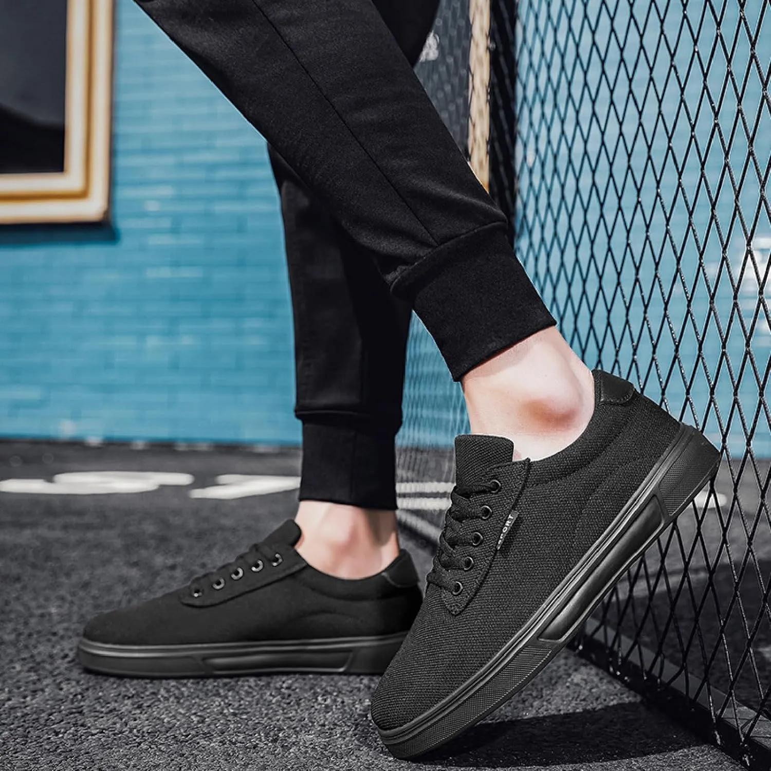 Mens Canvas Casual Flat Shoes Comfort Round Toe Soft Bottom Knitting Lace-Up Sneakers Outdoor Breathable Non-Slip Walking Shoes