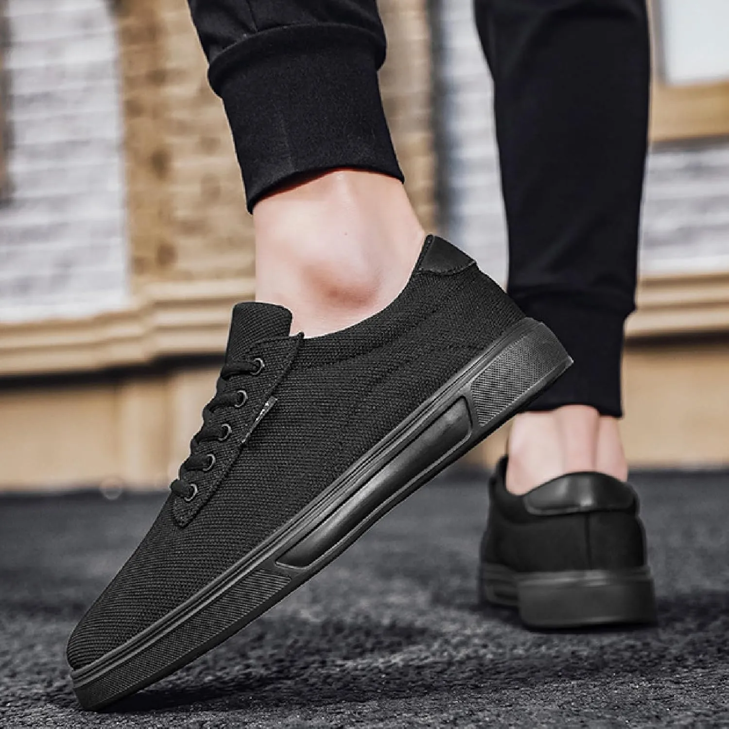 Mens Canvas Casual Flat Shoes Comfort Round Toe Soft Bottom Knitting Lace-Up Sneakers Outdoor Breathable Non-Slip Walking Shoes