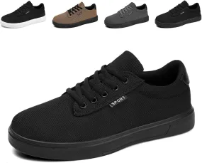 Mens Canvas Casual Flat Shoes Comfort Round Toe Soft Bottom Knitting Lace-Up Sneakers Outdoor Breathable Non-Slip Walking Shoes