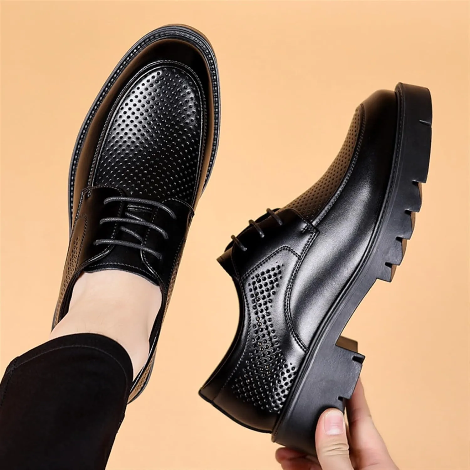 Men's Dress Shoes Casual Business Oxford Lace Up Derby Shoes for Men Breathable Leather Wingtip Brogue for Men