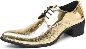 Men's Printing Pointed-Toe Patent Leather Derby Oxford Shoes,Classic Lace-up Low Top Block High Heel Fashion Slip on Prom Business Wedding Dress Shoes