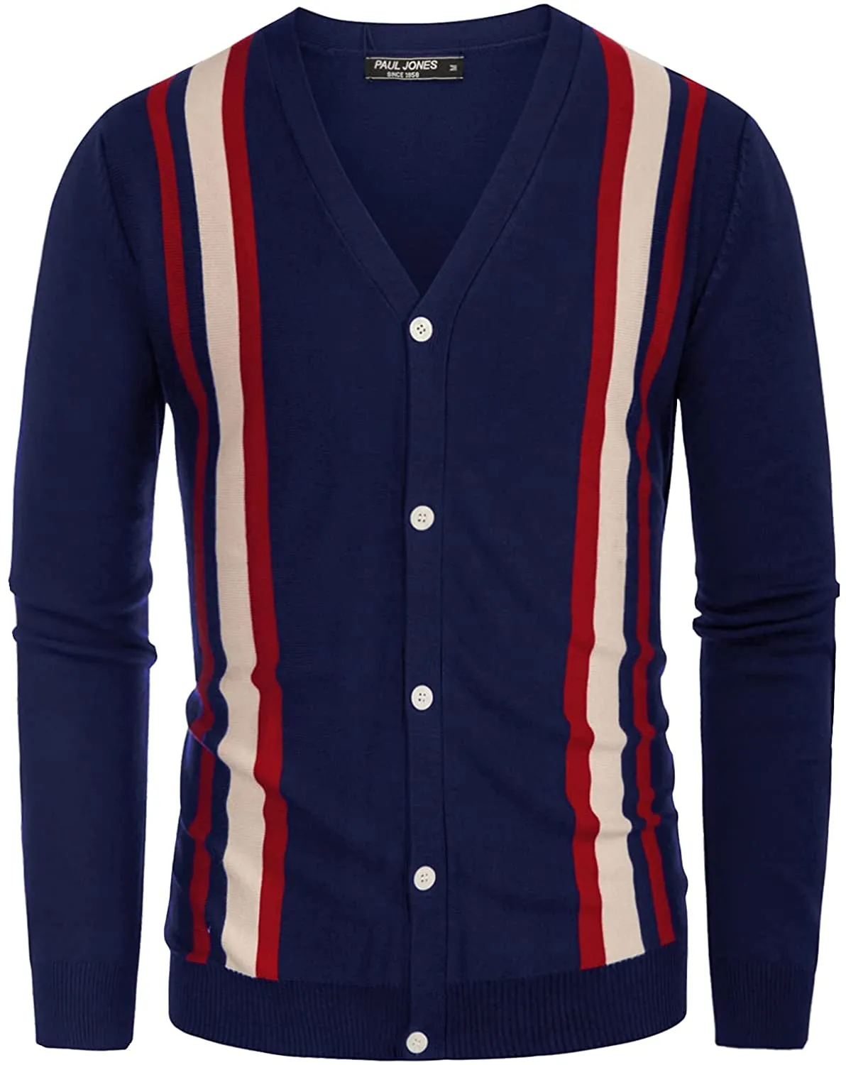 Men's Royal Blue Long Sleeve Vintage Stripes Cardigan Sweater Button Down V-Neck Knitwear
