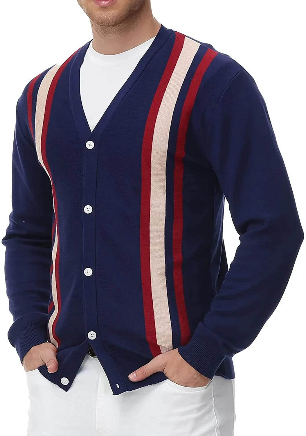 Men's Royal Blue Long Sleeve Vintage Stripes Cardigan Sweater Button Down V-Neck Knitwear