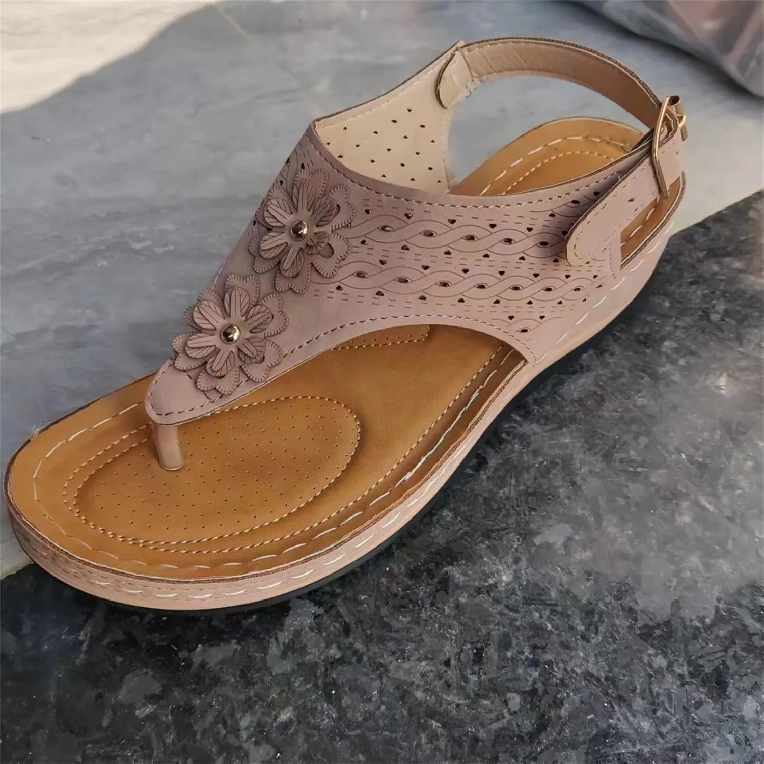 Orthopedic Sandals for Women Summer Dressy Comfortable Arch Support Wedge Slip Flip Flops Casual Flat Open Toe Platform Shoes Comfy Wedges Flower Beach Slides Walking Breathable Slippers
