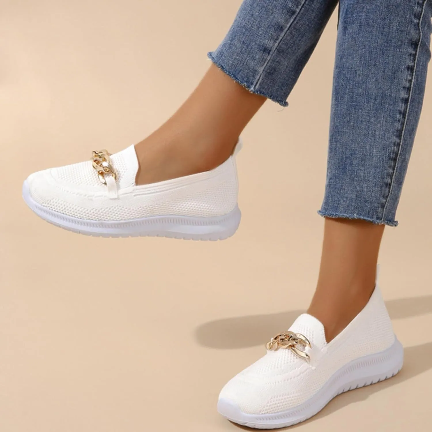 Orthopedic Slip-On Walking Shoes for Women, Comfort Loafers Wide Fit Knit Breathable Mesh Non-Slip Platform