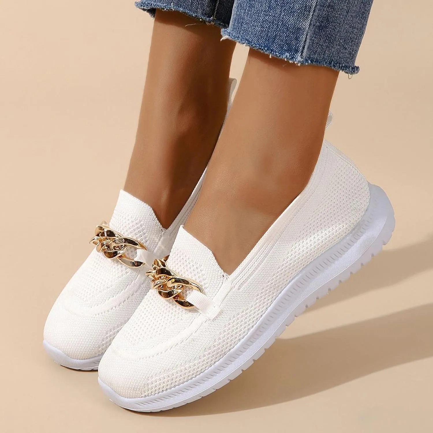 Orthopedic Slip-On Walking Shoes for Women, Comfort Loafers Wide Fit Knit Breathable Mesh Non-Slip Platform