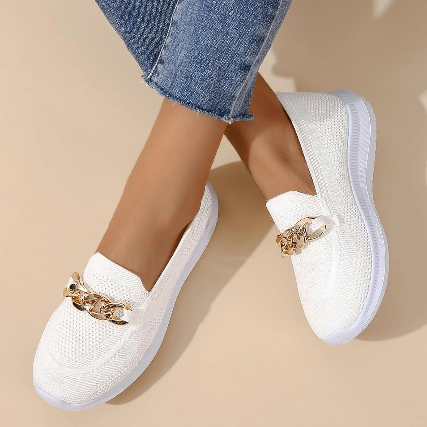 Orthopedic Slip-On Walking Shoes for Women, Comfort Loafers Wide Fit Knit Breathable Mesh Non-Slip Platform